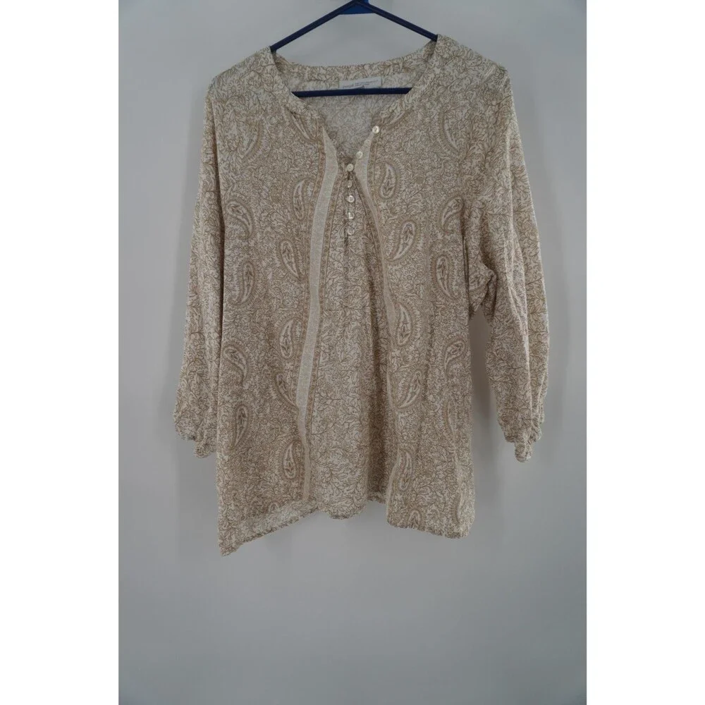 Pure Jill 100% Organic Cotton Paisley Henley Blouse Tan Split Neck Tunic Size L